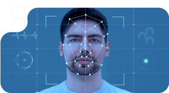 Man with digital facial recognition scanning.