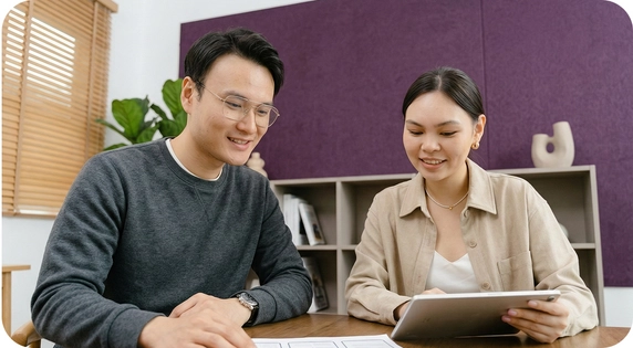 Two people reviewing and signing documents digitally on a tablet during a business meeting.