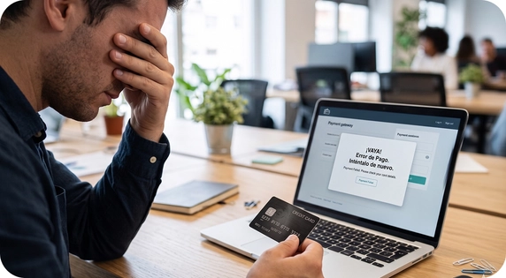 A user experiencing a declined payment due to suspected credit card identity fraud.